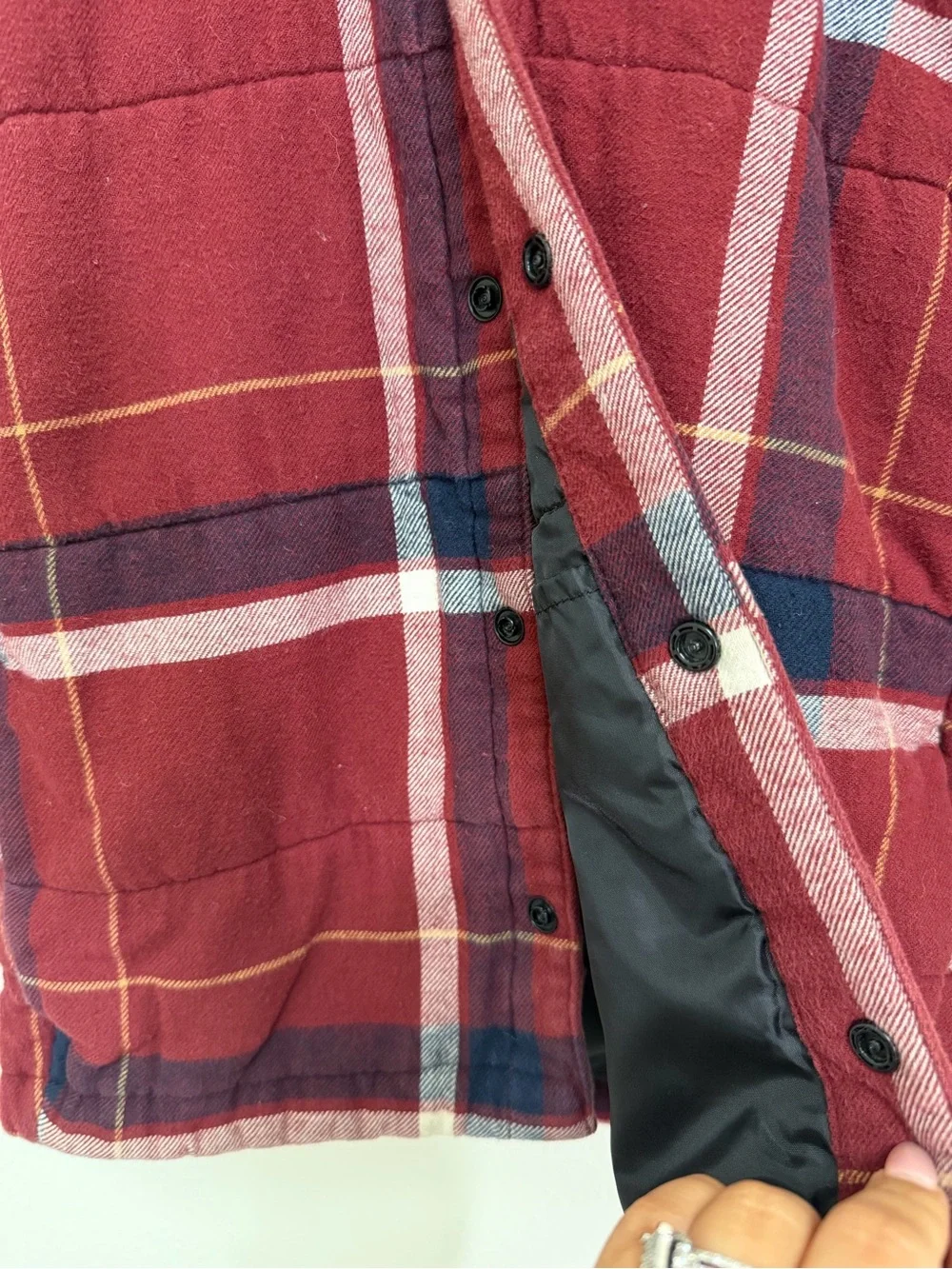 Old Navy Red Plaid Hooded Kids Jacket with Navy Hood
